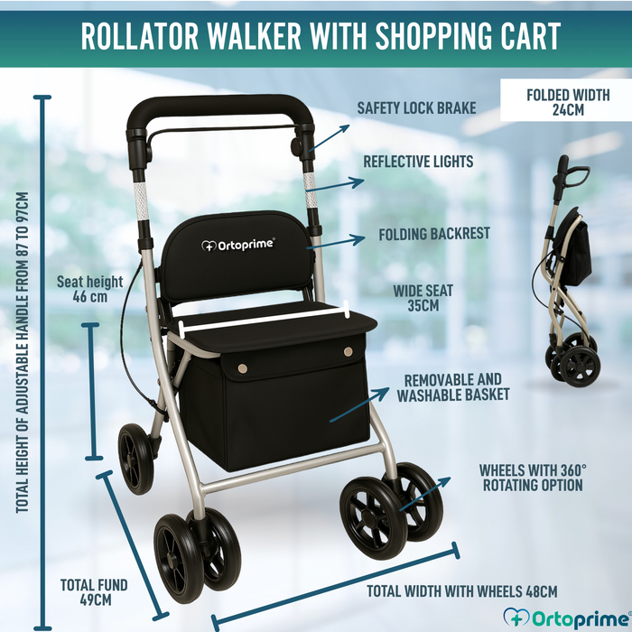 Foldable Adult Rollator with Shopping Trolley