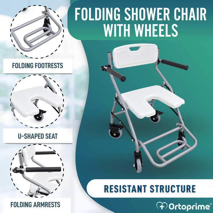 Folding Shower and Bath Chair with Wheels | Hygienic U-Shaped Seat