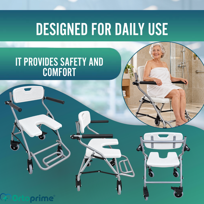 Folding Shower and Bath Chair with Wheels | Hygienic U-Shaped Seat