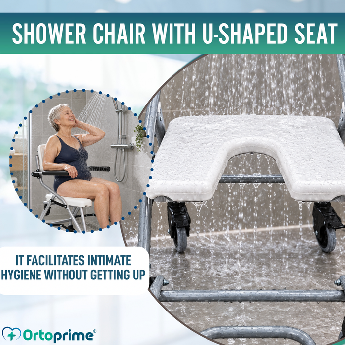 Folding Shower and Bath Chair with Wheels | Hygienic U-Shaped Seat