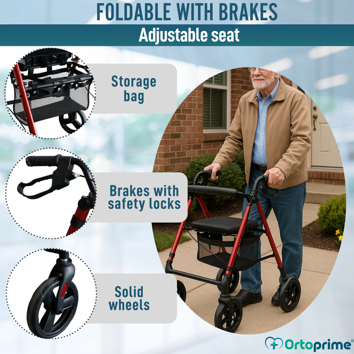 Folding Rollator Walker with Height Adjustable Seat