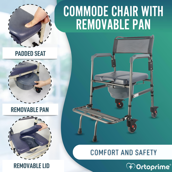 Folding Commode Chair with Wheels | Portable Toilet