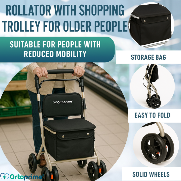 Foldable Adult Rollator with Shopping Trolley