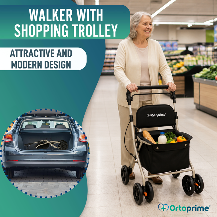 Foldable Adult Rollator with Shopping Trolley