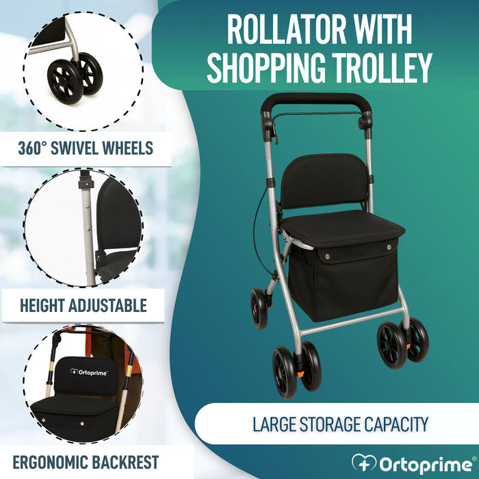Foldable Adult Rollator with Shopping Trolley