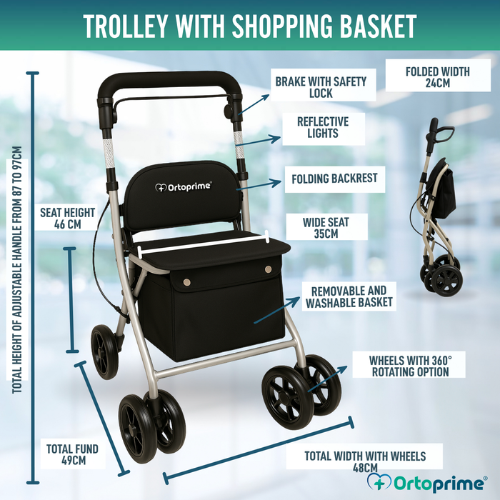 Foldable Adult Rollator with Shopping Trolley