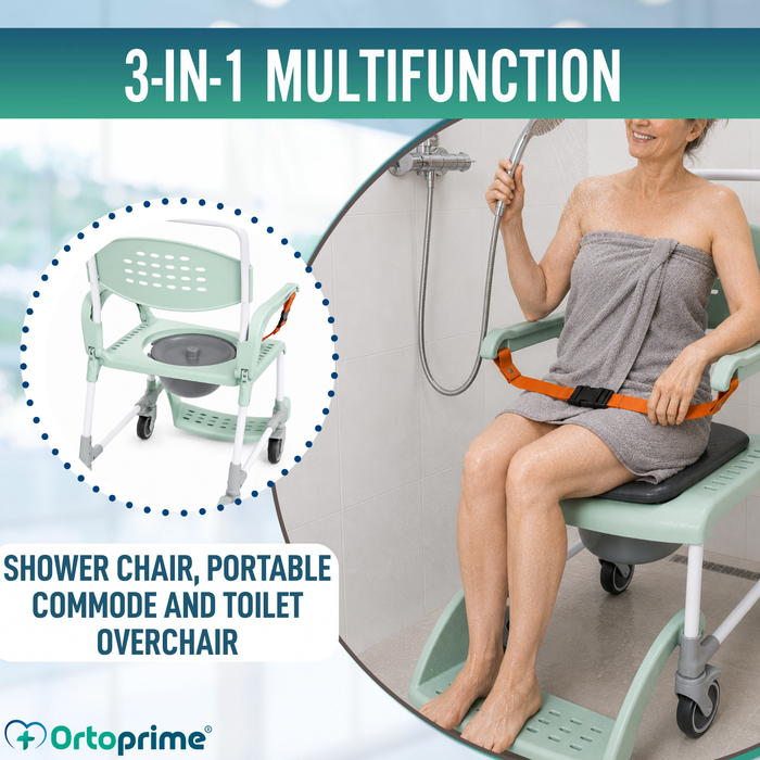 Shower Commode Chair with Wheels 3-in-1 | Drainage Seat